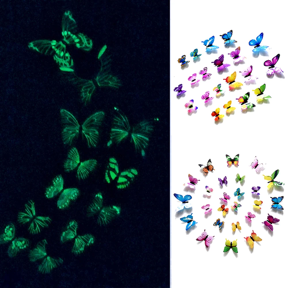 12pcs Luminosa Borboleta Adesivos de Parede Desenho de Borboleta Decalque de Arte Adesivos de Parede Quarto Magnético de Decoração de Casa de DIY Adesivos de Parede Imagem 0