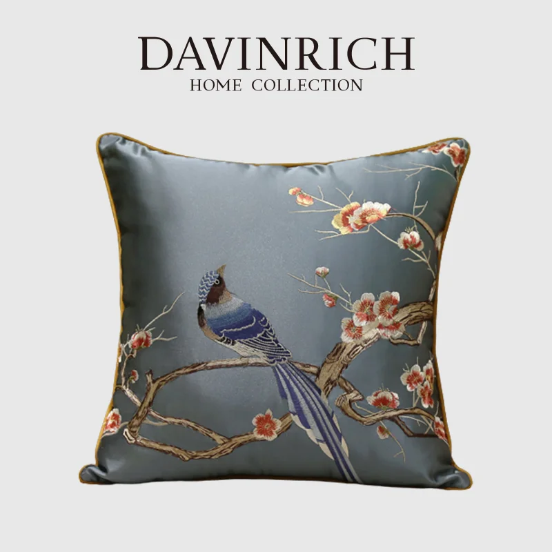 DAVINRICH de Luxo Retrô Vintage Inspirado fronha de Flor de Cerejeira Pássaros Bordados Requintados a Almofada de Caso Para o Banco de Cadeira Sofá Imagem 0