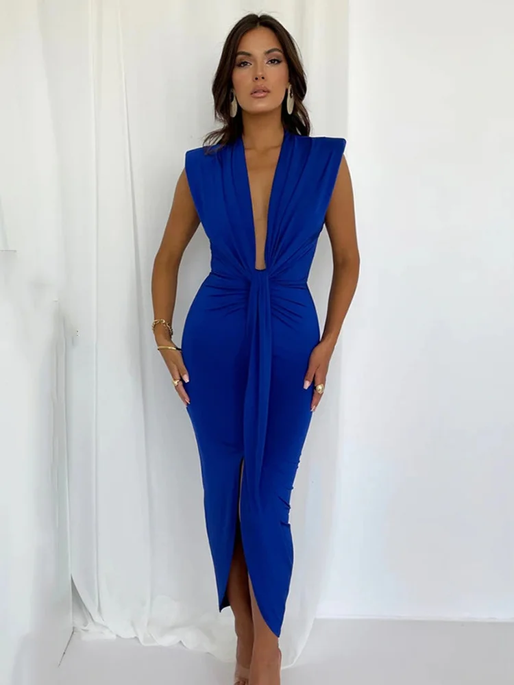 Mulheres Drapeado Vestidos de Festa para 2022 Verão Elegante Azul Sexy Profundo Decote em V Bodycon Dress Fashion Ruched Noite Clube Roupas Imagem 0
