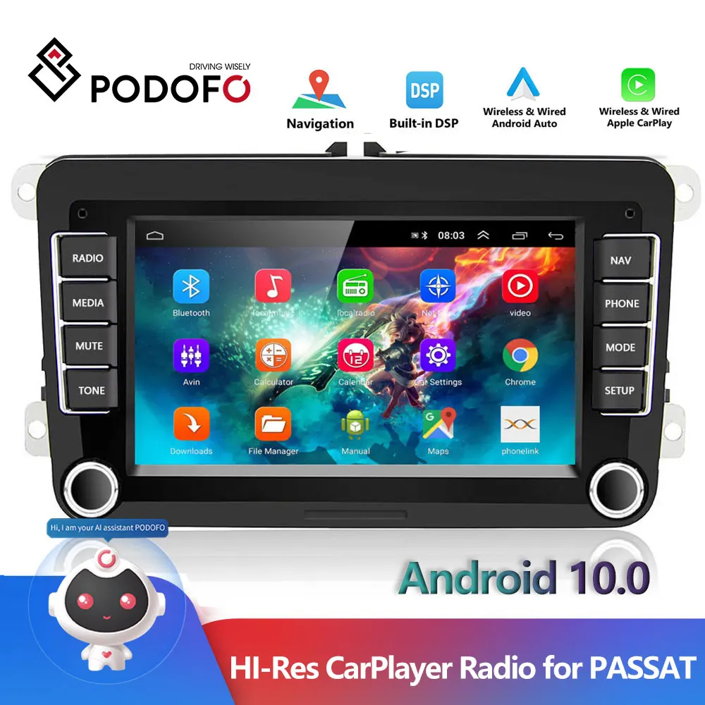 Podofo 4G Android GPS 2Din HI-Res do Rádio do Automóvel VW/Golf/Polo/Tiguan/Passat/b7/b6/SEAT leon/Skoda/Octavia Multimídia Vídeo Player Imagem 0