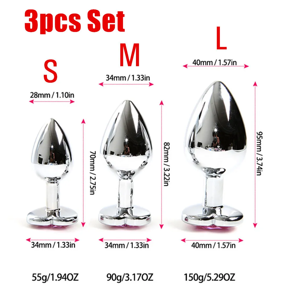 3Pcs Aço Inoxidável Plug Anal Buttplug G-Spot Estimulador de Metal Liso Jóia de Cristal em Forma de Coração de Brinquedos Sexuais para Casais Adultos Imagem 1
