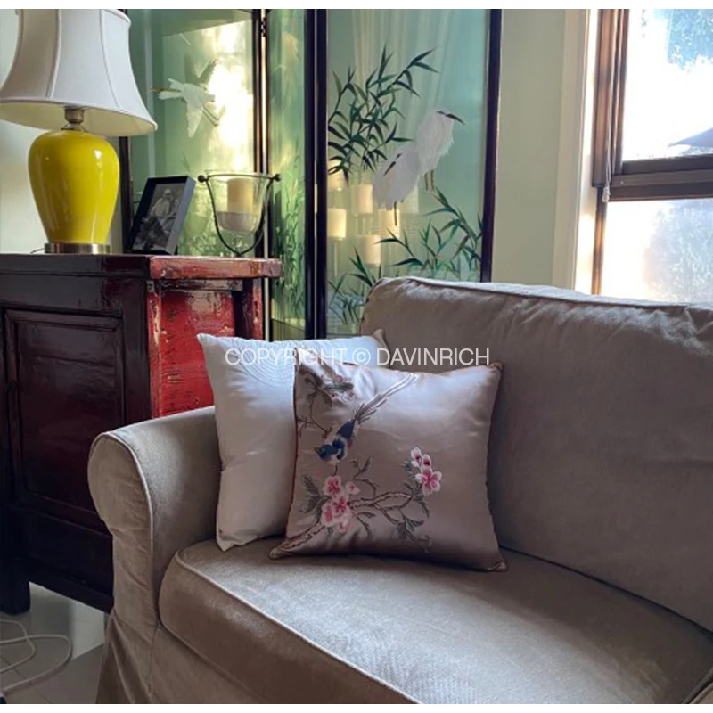 DAVINRICH de Luxo Retrô Vintage Inspirado fronha de Flor de Cerejeira Pássaros Bordados Requintados a Almofada de Caso Para o Banco de Cadeira Sofá Imagem 1