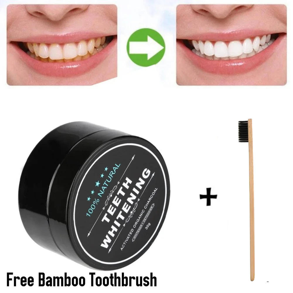 Preto de Dente, Pó de Carvão Activado de Clareamento dos Dentes Removedor de Manchas de pasta de dente 30g com Escova de Dente de Bambu Imagem 1