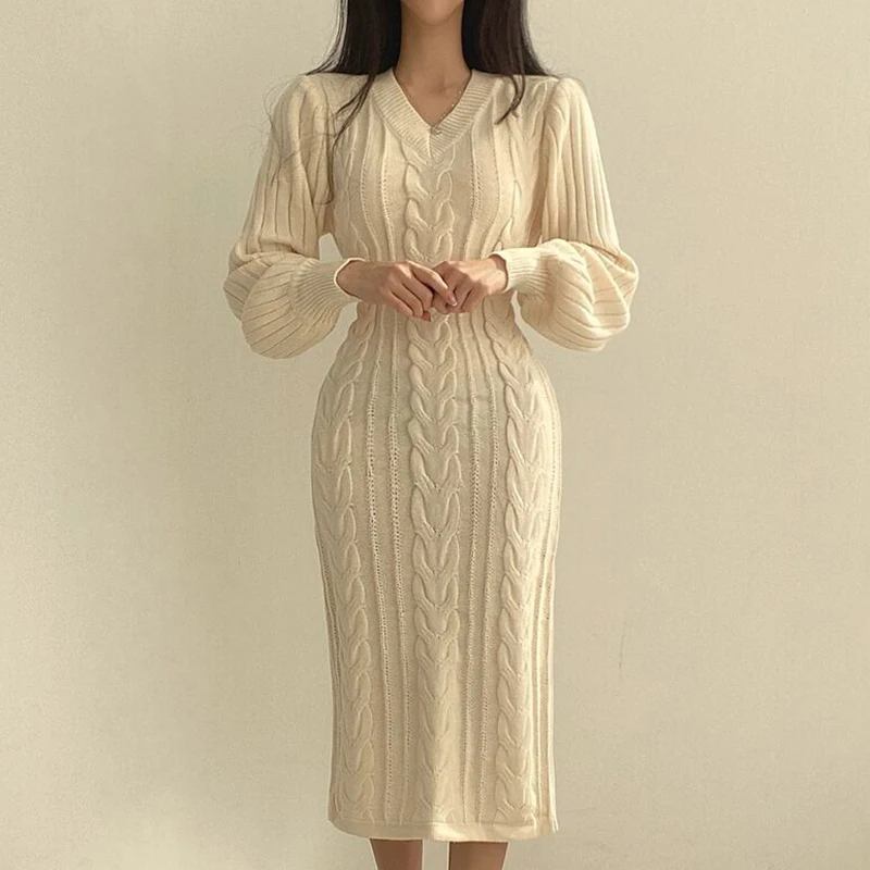 Damasco Vestidos Coreano Sólido Vestido De Camisola Mulheres Roupas Grossas De Inverno De Malha 2022 Vintage Quente Mulher Elegante Vestido De Outono Imagem 3