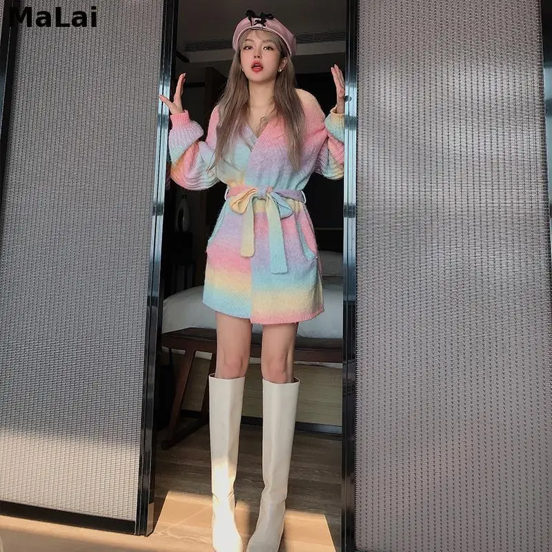 Japonesas Kawaii Lolita Arco-Íris Suéter Feminino Bonito Tricô Suéter Casaco De Mulher Doce Coreano Chique De Manga Comprida Camisola De Malha Imagem 3