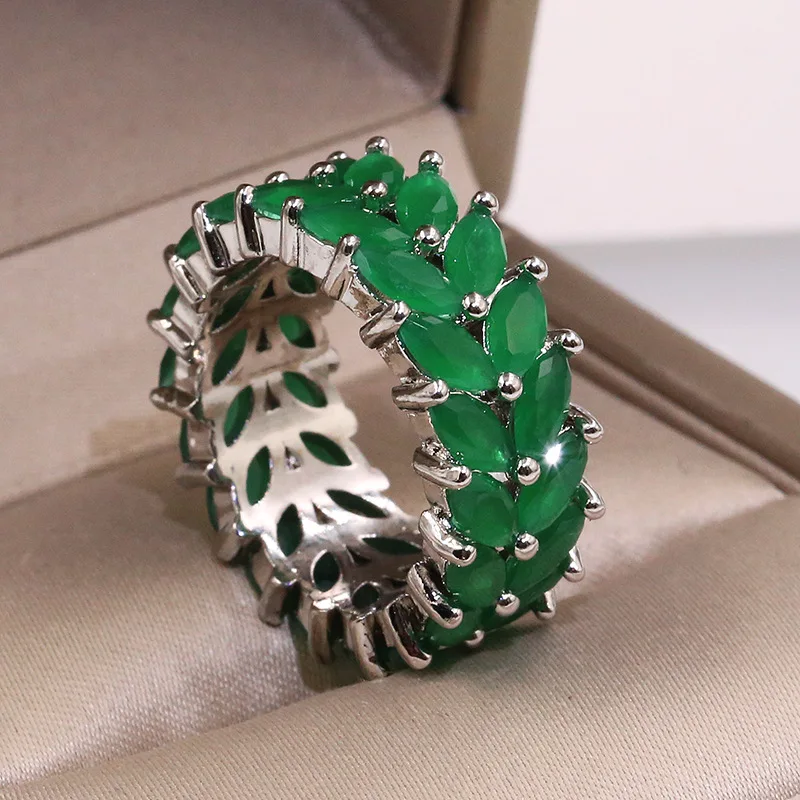 Moda Ramo de Oliveira Anel para Homens e Mulheres de Festa, Anéis de Embutimento de Luxo Verde Zircônia Mulheres Anéis de Noivado Presente da Jóia Imagem 3