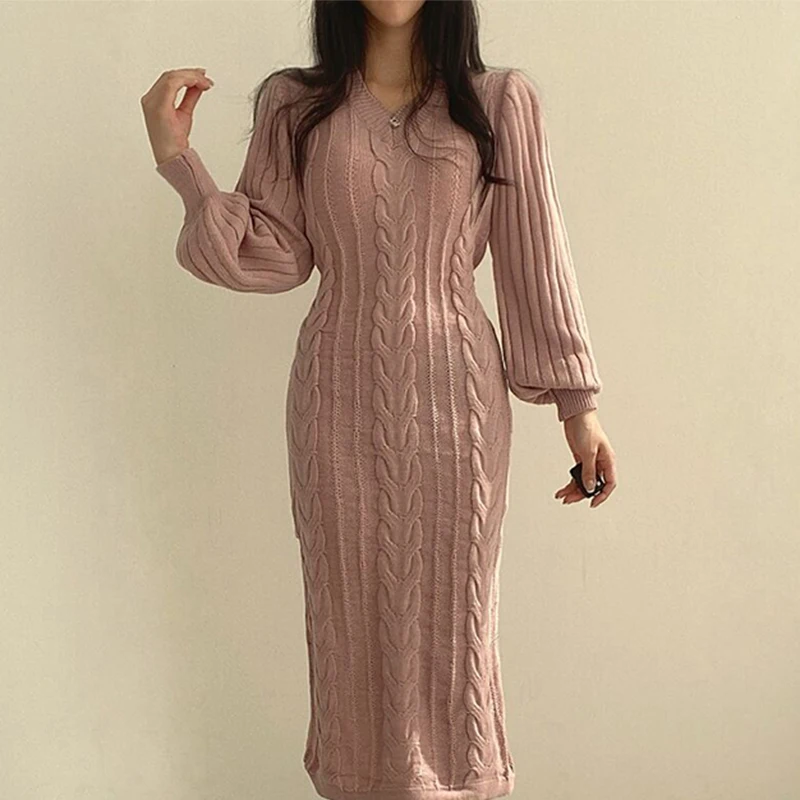 Damasco Vestidos Coreano Sólido Vestido De Camisola Mulheres Roupas Grossas De Inverno De Malha 2022 Vintage Quente Mulher Elegante Vestido De Outono Imagem 4