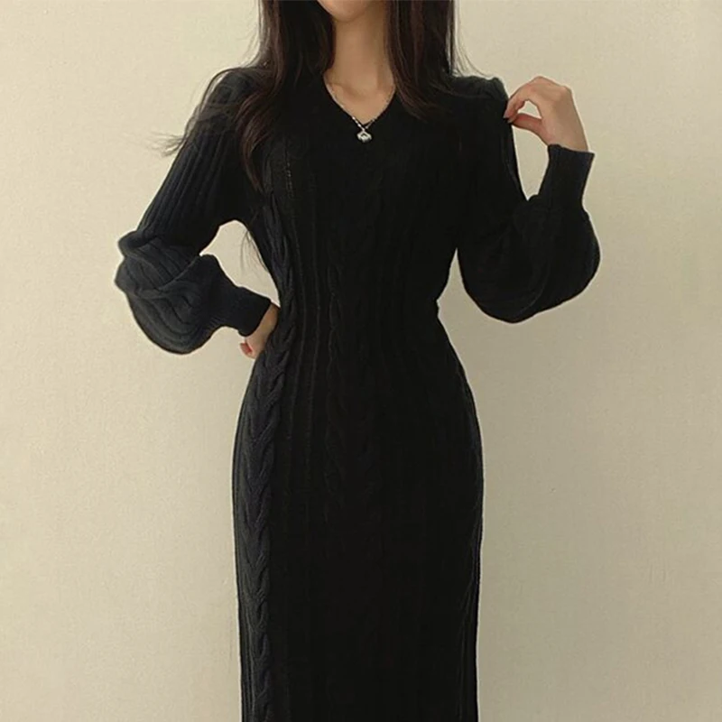 Damasco Vestidos Coreano Sólido Vestido De Camisola Mulheres Roupas Grossas De Inverno De Malha 2022 Vintage Quente Mulher Elegante Vestido De Outono Imagem 5